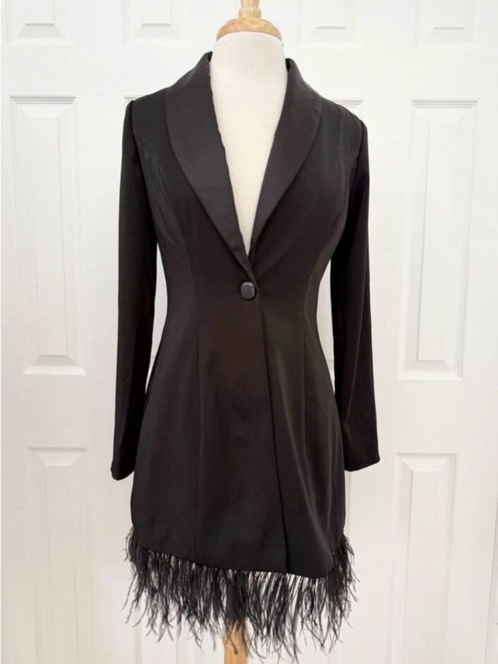 Ileena Mac Duggal Black Ostrich Feather-Hem Long Blazer Jacket. Sz 2. NWT